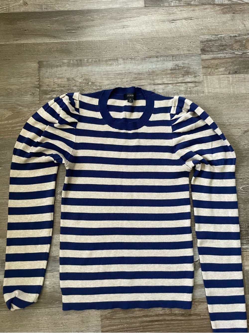 J. Crew Navy and Cream Puff Shoulder Crewneck Sweater